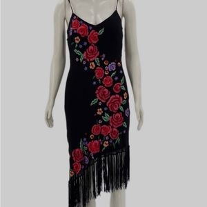Vintage Cache Silk slip Dress beaded fringe 90s dress with floral embroidery.